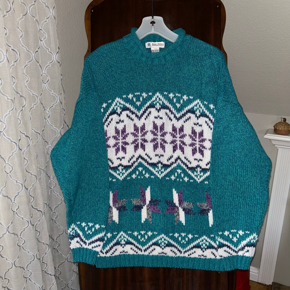 Vintage 1980s Gina Peters Large Sweater Purple Teal Knit Sweater snowflakes
